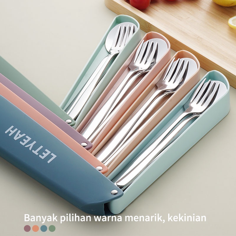 Letyeah &amp; Kaizenliving Cutlery set stainless travel portabel 3 in 1 / alat makan dengan rotatable box