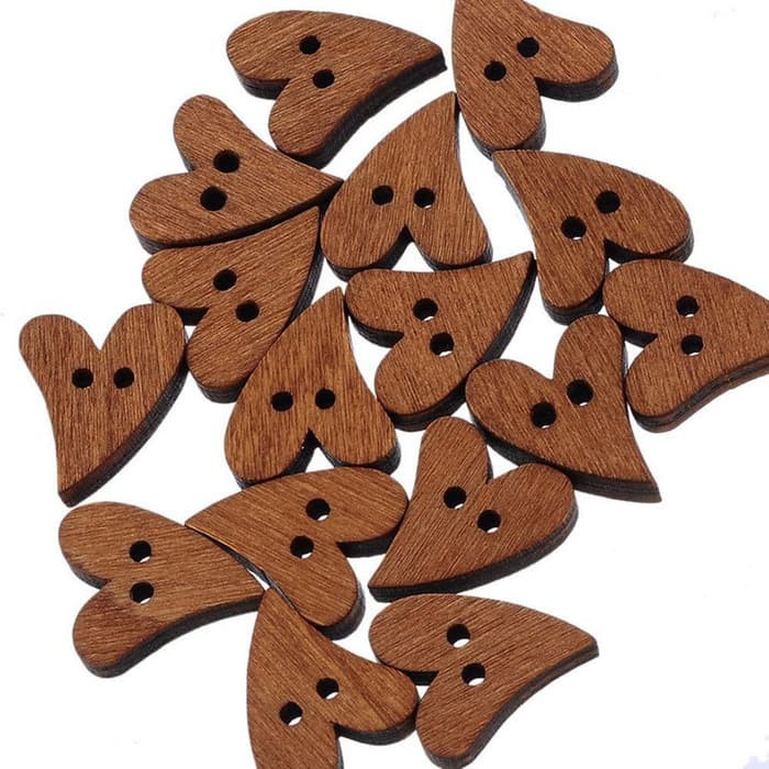 Kancing Kayu Dua Lubang - Brown Heart Shape (10 pcs)