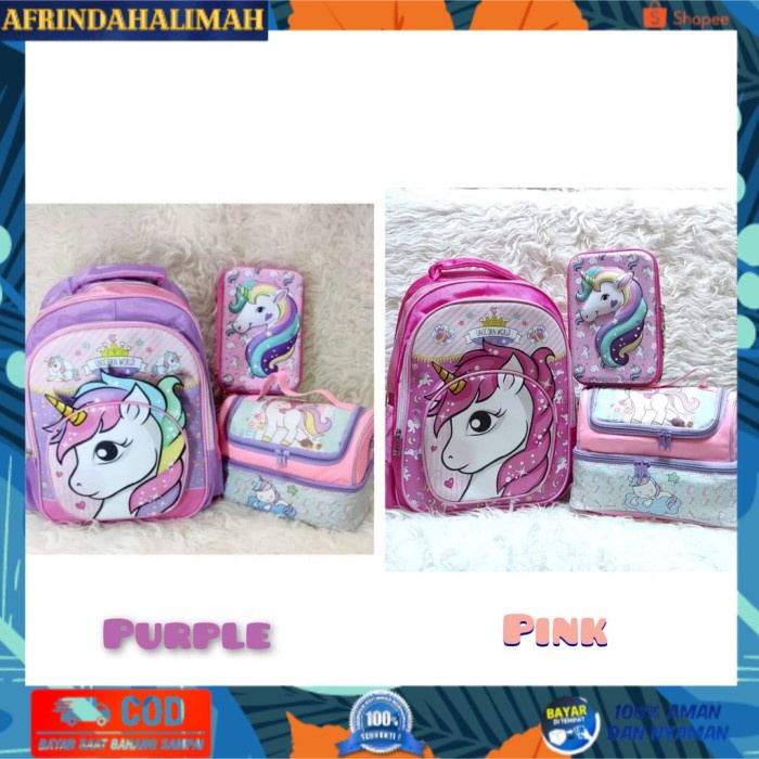 

{TERBARU} 3in1 set - Paket Tas Sekolah Anak SD Tas bekal Kotak Pensil Unicorn Pi