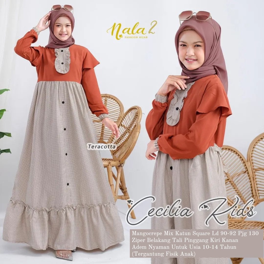 Cecilia Kids Baju Muslim Anak Perempuan Pakaian Anak Perempuan Gamis Anak Tanggung 10-14 Tahun Baju Pesta Anak Perempuan