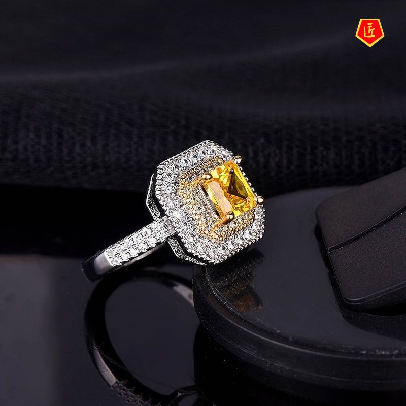 [Ready Stock]Luxury Micro-Inlaid Square Yellow Diamond Ring