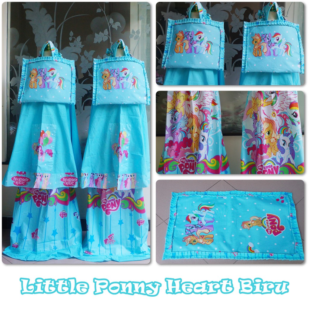 Mukena Anak Katun Little Ponny Heart Biru ( Tas Sajadah )