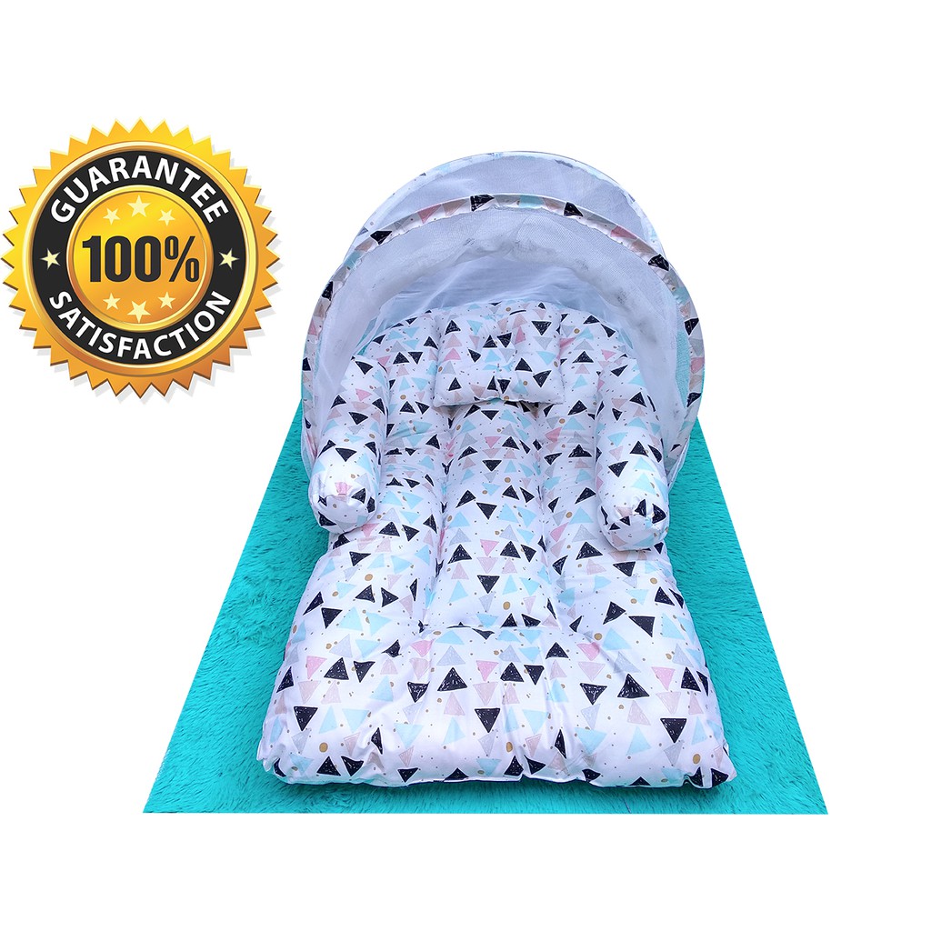 Set tempat tidur bayi Motif Segitiga Berkelambu / Kasur Bayi Kelambu Lipat / Perlengkapan Bayi