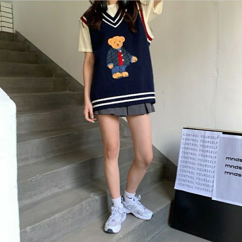 IMPORT WINTER WOMAN KNIT VEST TEDDY BEAR KOREAN STYLE ROMPI RAJUT WANITA MUSIM DINGIN IMPOR