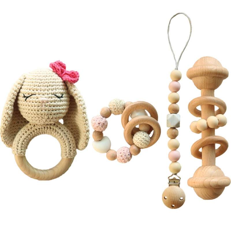 Mary 4pcs / Set Mainan Rattle / Teether Bentuk Kelinci Bahan Kayu Untuk Bayi