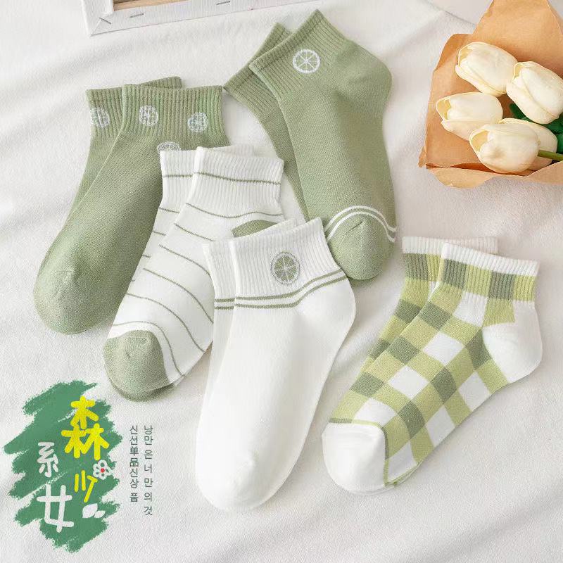 ❀ Chingu ❀ KK024 Kaos Kaki (Tanpa Kemasan) Wanita Tipis Pendek Semata Kaki Motif Lemon Hijau Kotak Garis Fashion Korea Women Sock Import Murah