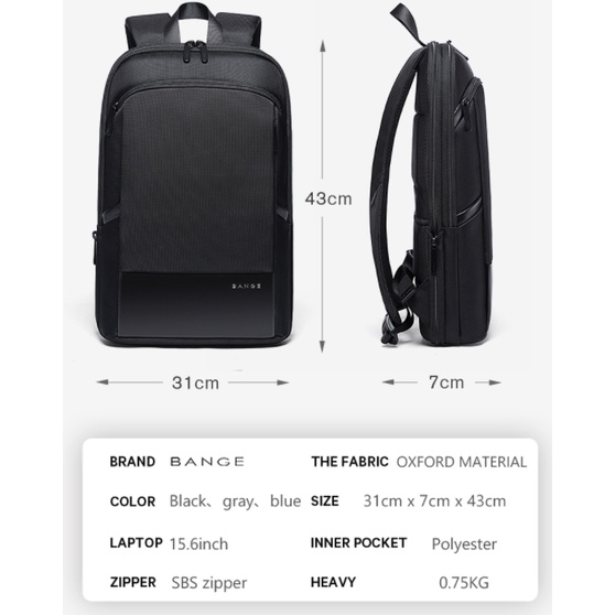 Tas Bange BG77115 Slim Backpack Pria Ransel Laptop 15.6&quot; Expandable