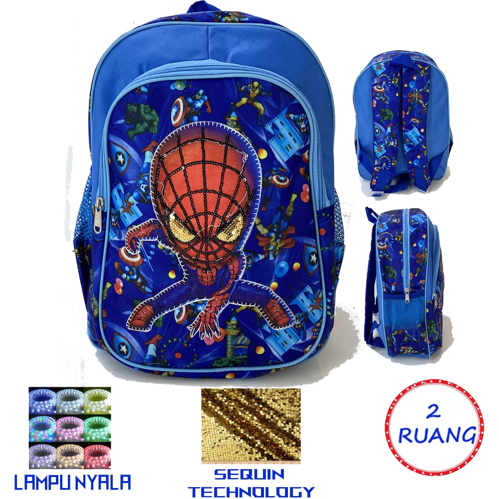 Tas Sequin + LAMPU LED Tas ransel sekolah anak sequin + lampu LED LOL IRONMAN SPIDERMAN CAPTAIN AMRIKA