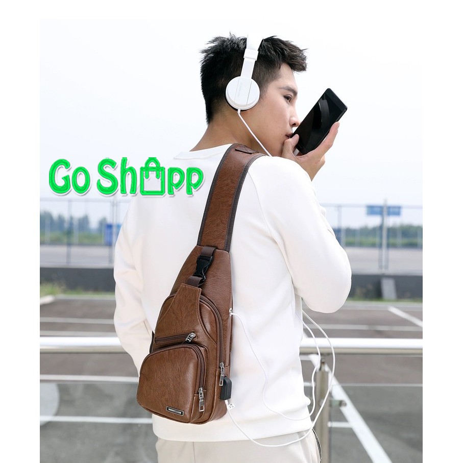 Tas Pria Import Kulit Dengan Port USB - Tas Sling Bag Cowok Import Kulit PU High Quality [TP01]