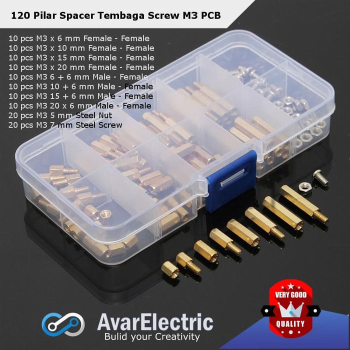 120 pcs Pilar Spacer Baut PCB M3 Tembaga kuningan Nut Besi Plastik Box
