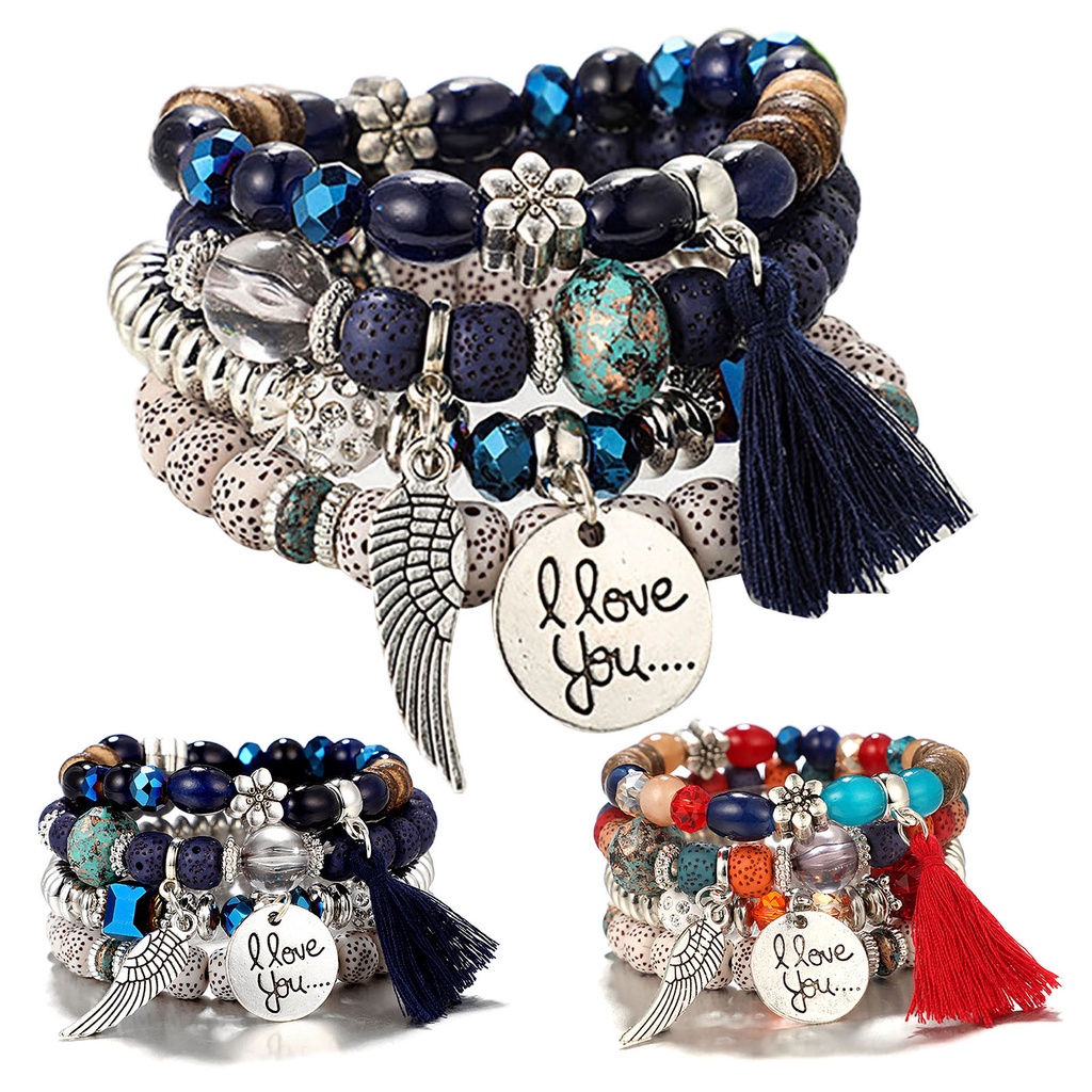 Hu Hu Hu Hu Hu Alat Bantu Pasang Kacamata♡ 4pcs / Set Gelang Rantai Manik-Manik Rumbai Gaya Bohemian Vintage Untuk Wanita