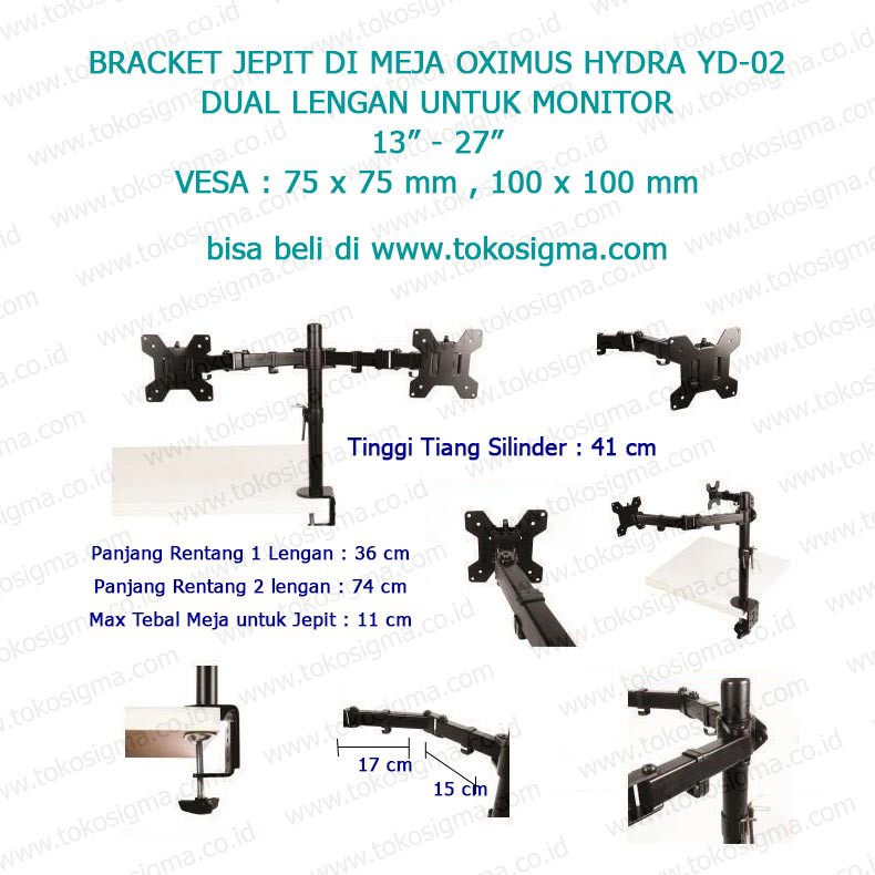 BRACKET BERDIRI JEPIT DI MEJA YD-02 DUA LENGAN FOR FLAT MONITOR 13-27 in