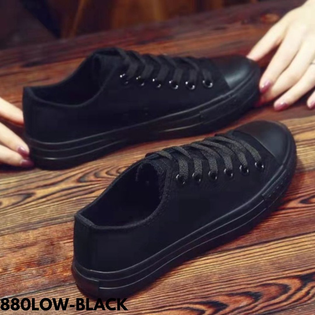 SEPATU SNEAKERS WANITA HITAM POLOS BERTALI TINGGI RENDAH SEKOLAH KAMPUS KERJA BAHAN CANVAS IMPORT 880