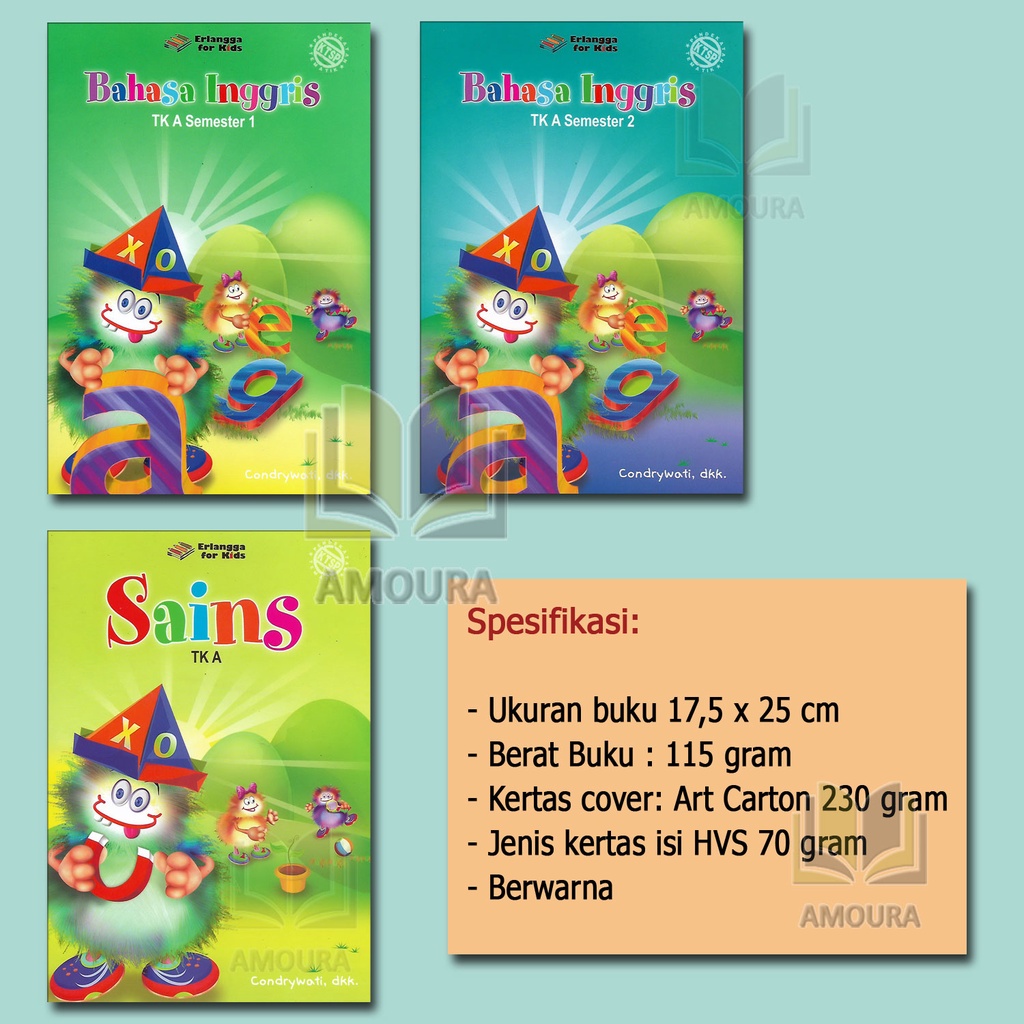 Seri Paket Cermat TK A 3 Buku Sains, Bahasa Inggris 1 & 2 Erlangga for Kids Berwarna + Stiker