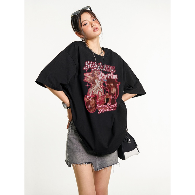 atasan wanita oversize printed t-shirt korean style import hitam kaos retro couple top