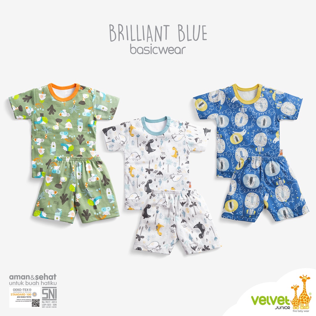 3 Set Velvet Junior PENDEK COURAGE Terbaru | Setelan Kaos Celana Pendek Anak Basic Wear Radiant BRILLIANT BLUE Open | Piyama