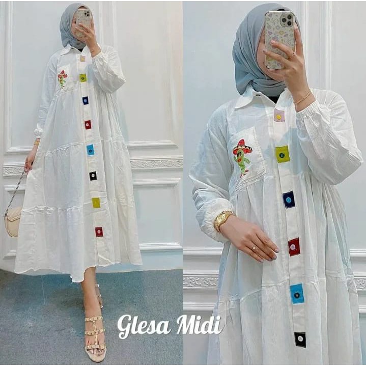 GLESSA MIDI DRESS BUSUI FRIENDLY | DRES KATUN RAYON MENYUSUI KANCING AKTIF LD 110 | BAJU KONDANGAN WANITA TERBARU KEKINIAN | PAKAIAN WANITA FULL KANCING AKTIV