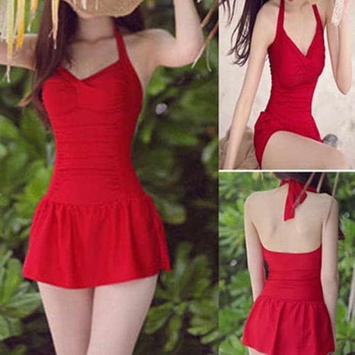 Monokini One Piece Sexy Model Halter High Waist Baju Renang Wanita Bra - Merah Murah + Gratis Ongkir