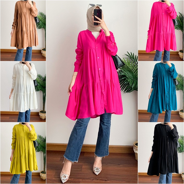 TUNIK WANITA MURAH - POPI TUNIK FULL KANCING RAYON LUXURY - ATASAN WANITA LENGAN PANJANG '