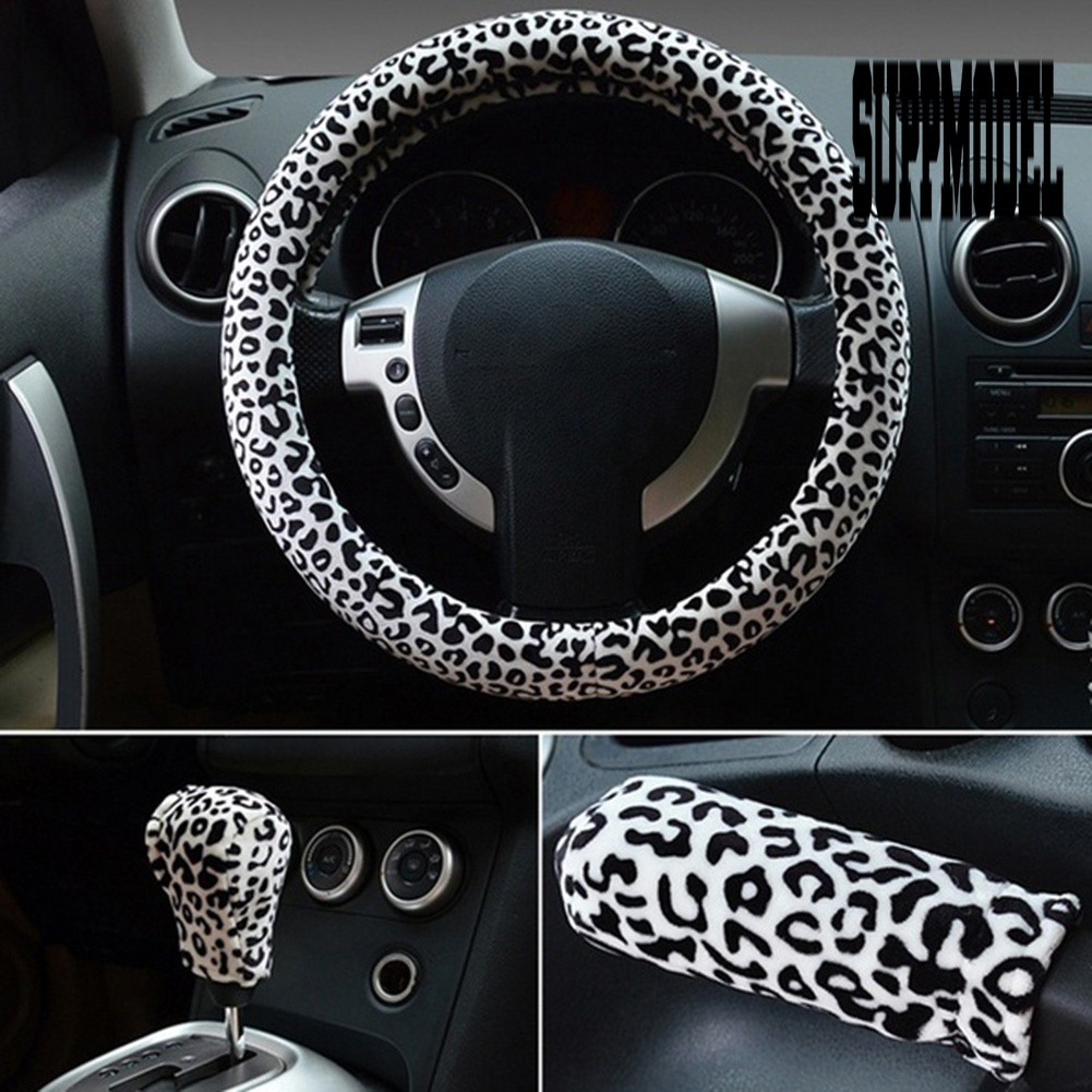 3pcs / Set Cover Stir / Rem Tangan / Persneling Mobil Motif Print Leopard 38cm Untuk Musim Dingin