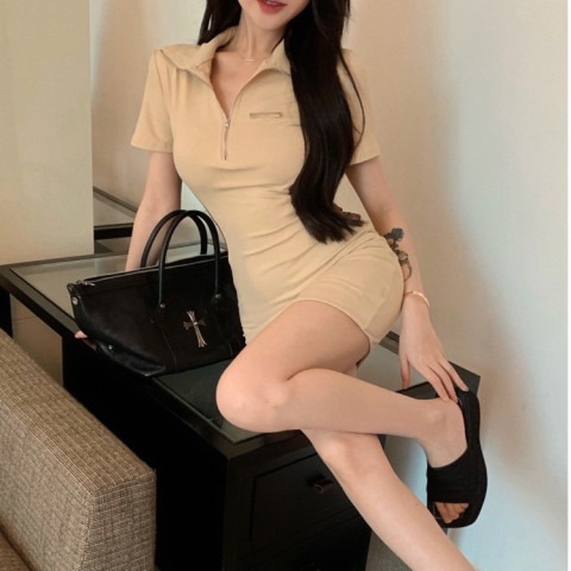 Musim panas retro kontras warna ritsleting dress bodycon gaun seksi lengan pendek kerah polo