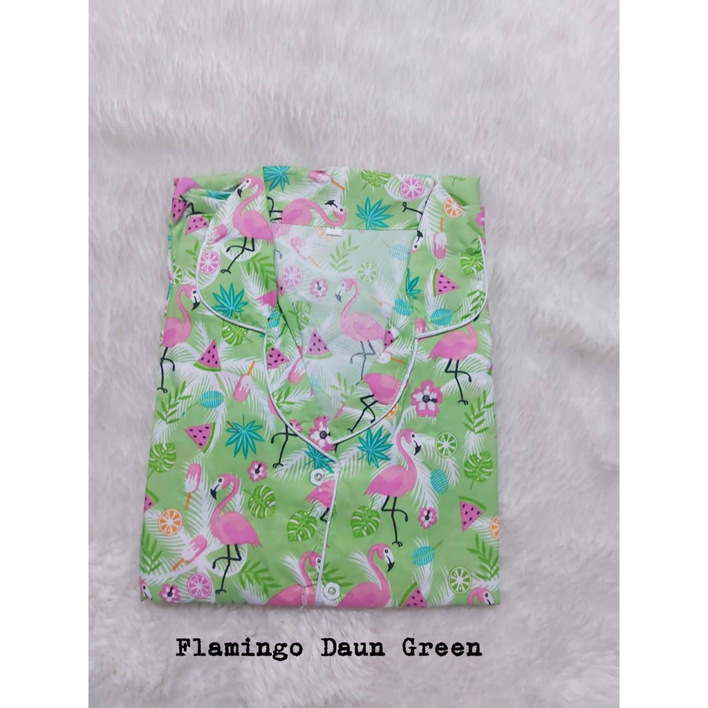 Setelan Piyama Baju Tidur PP High Quality Ld 104 Cm Dewasa-FLAMINGO DAUN GREEN
