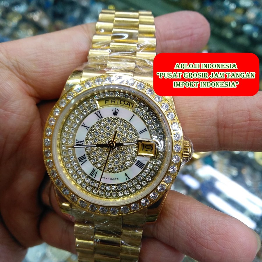 Mega Sale Jam Tangan Wanita ROLEX DayDate Diamond Gold White Garansi 1th