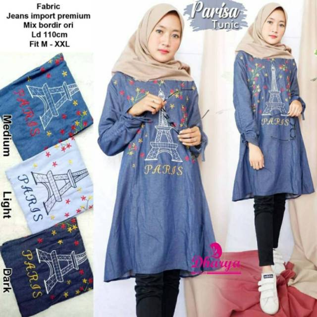 Parisa Tunic, TUNIK CANTIK BAHAN JEANS IMPORT PREMIUM MIX BORDIR FIT M-XXL LD 110