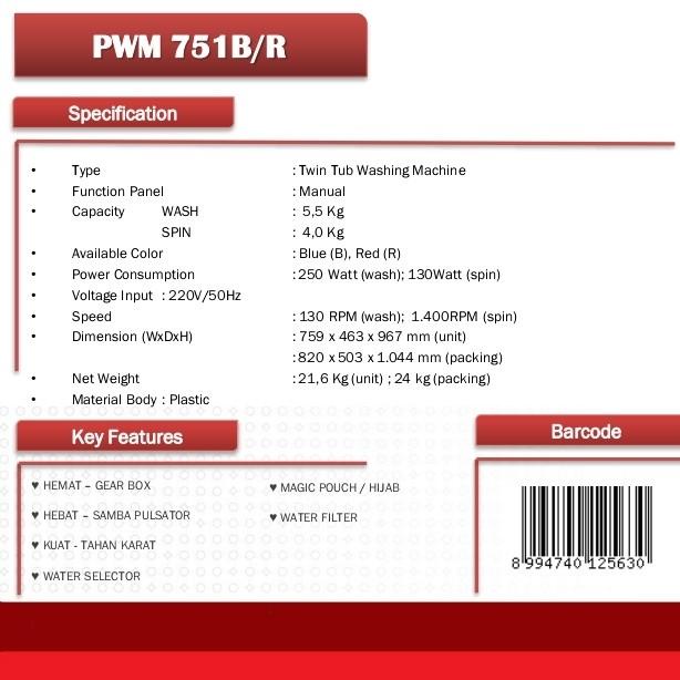 Mesin Cuci Polytron Pwm751 / Twin Tub Polytron Pwm 751 / Pwm751B / R