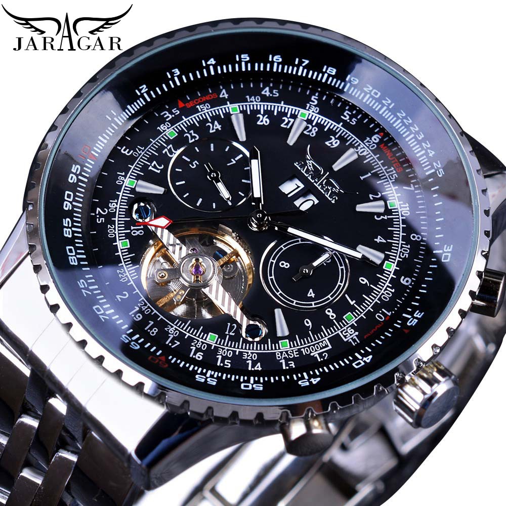 Jam tangan mekanik Jaragar Automatic Mechanical Fashion Men Male Watches Aviation Toubillon Silver