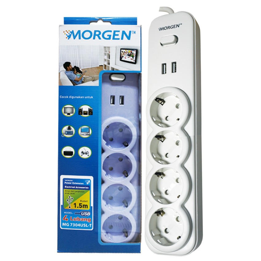 MG7304USL-T Morgen Stop Kontak 4 Lubang + Saklar + kabel 1,5 m + 2  PORT USB