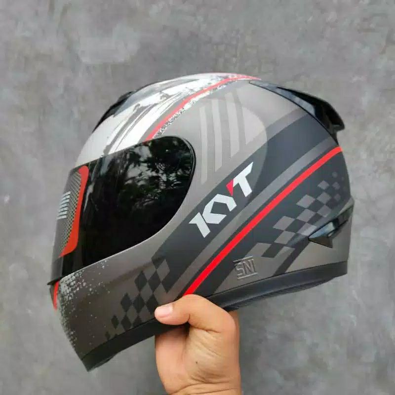 Helm Full Face KYT R10 Motif Seri 4 Gunmetal Gun Metal Black Doft Doff Matt Red Hitam Merah