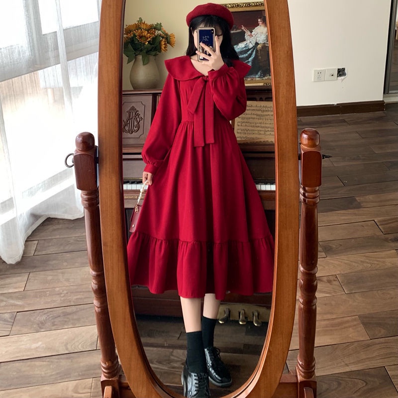 2021 autumn and winter new super fairy sweet fugitive Princess Dress French Fat mm waist Ruffle red