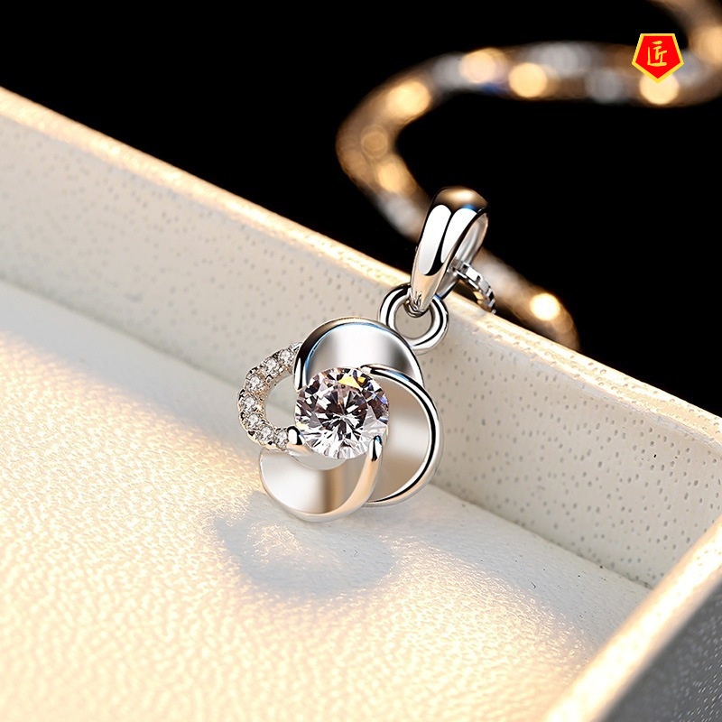 [Ready Stock]Silver Necklace Women's Diamond Four-Leaf Clover Pendant Korean Style Simple