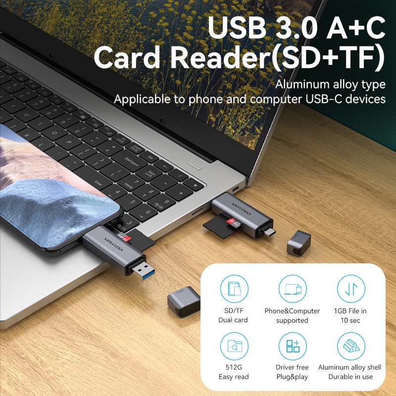 Vention USB 3.0 Tipe C Dual Ports SD + TF Simultaneous Untuk Handphone / tablet / Kamera