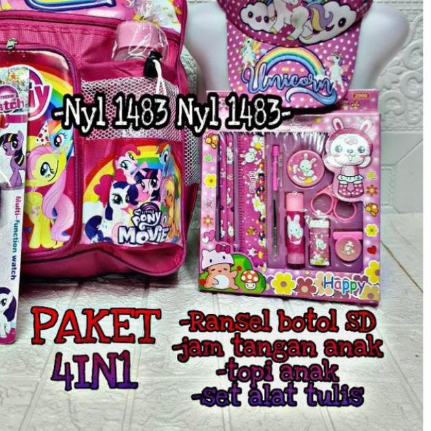 ☟ Tas ransel anak perempuan Little pony 4 in1 - tas + topi + jam + paket pinsil gratis botol minum -