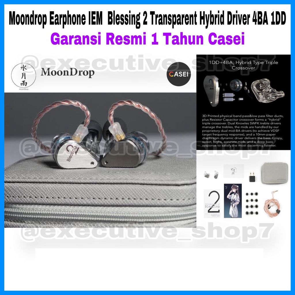 Moondrop Earphone IEM Blessing 2 Transparent Hybrid Driver 4 BA 1DD