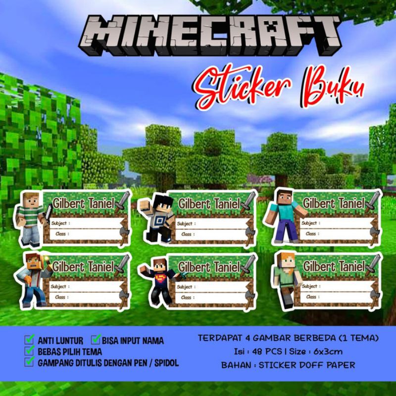 

Sticker / Stiker Buku Custom Nama Tema MINECRAFT MINE CRAFT