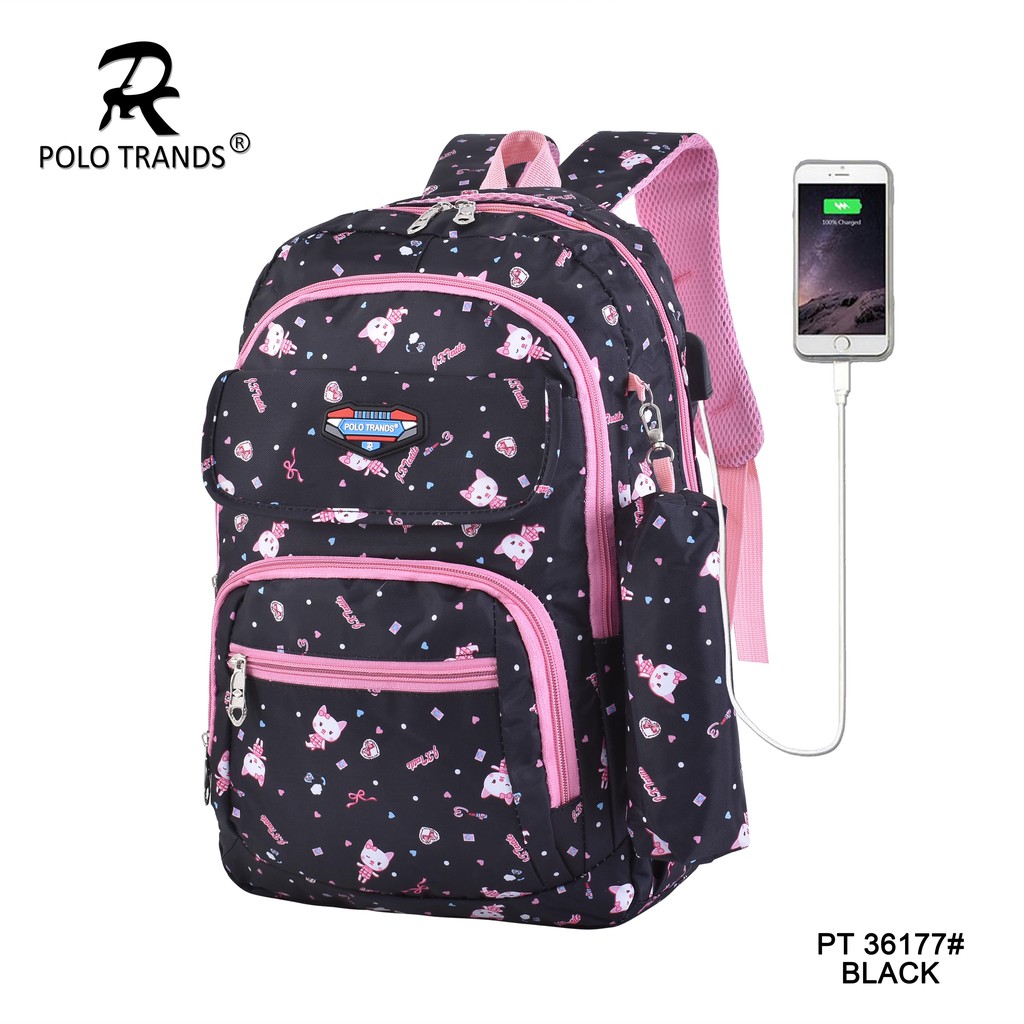 Polo Trands Tas Sekolah Anak Perempuan Gratis Pouch 36177 & 36178 Tas Anak-36177 Black