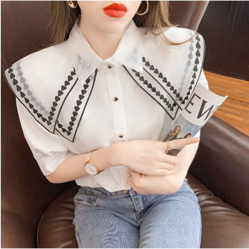 MDLV ~ 2170# Marilia Double Collar Shirt Atasan Blouse Korea Fashion Import