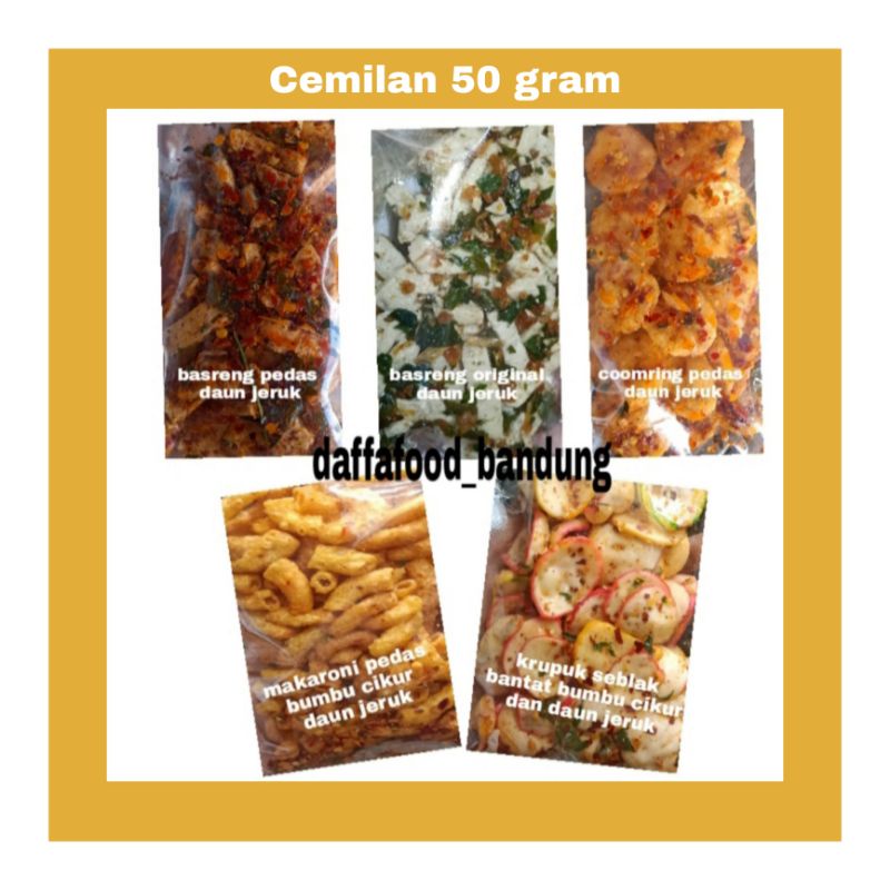 

(DAFF) isi 50gram Cemilan Basreng pedas / basreng original / coomring / krupuk seblak / makaroni bumbu cikur daun jeruk