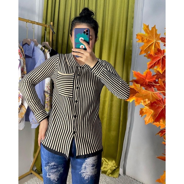 Kemeja rajut knit salur garis garis nagita premium import bangkok bkk