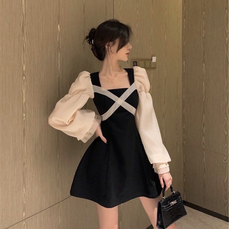 LBD Little Black Dress Korean Style with Puff Sleeve and Ribbon Detail Import Premium