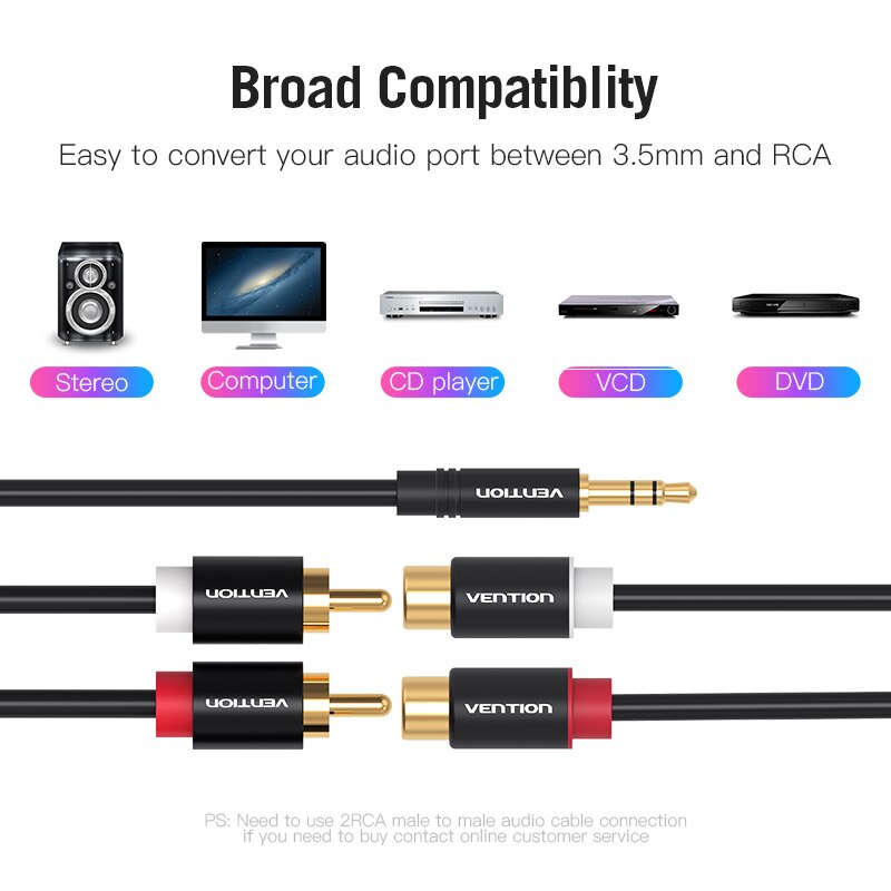 Vention Kabel Audio Jack 3.5mm Ke 2 Rca Male Ke 2rca Female Untuk Stereo Dvd Vcd Amplifier Home Theater