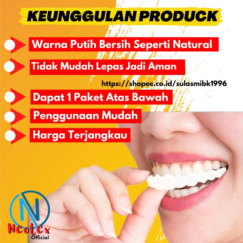 Gigi Palsu Instan Atas Bawah Pasangan Gigi Palsu Silikon Alami Snap On Smile Putih 100% Original Authentic