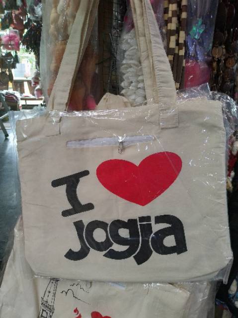 (BISA COD) TOTE BAG I LOVE JOGJA MALIOBORO TUGU UKURAN 41x33 cm - TAS PRIA WANITA COUPLE MURAH