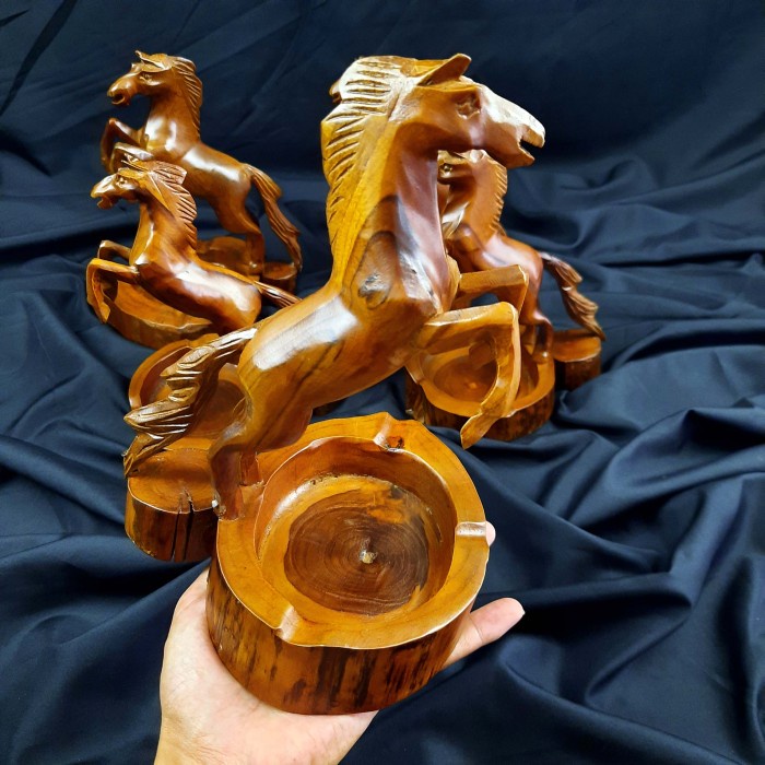 Asbak Model Miniatur Kuda Ukir Pahat Kayu Jati Asli Tua Unik