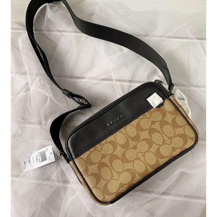 tas selempang pria laki laki coach graham crossbody signature khaki authentic original