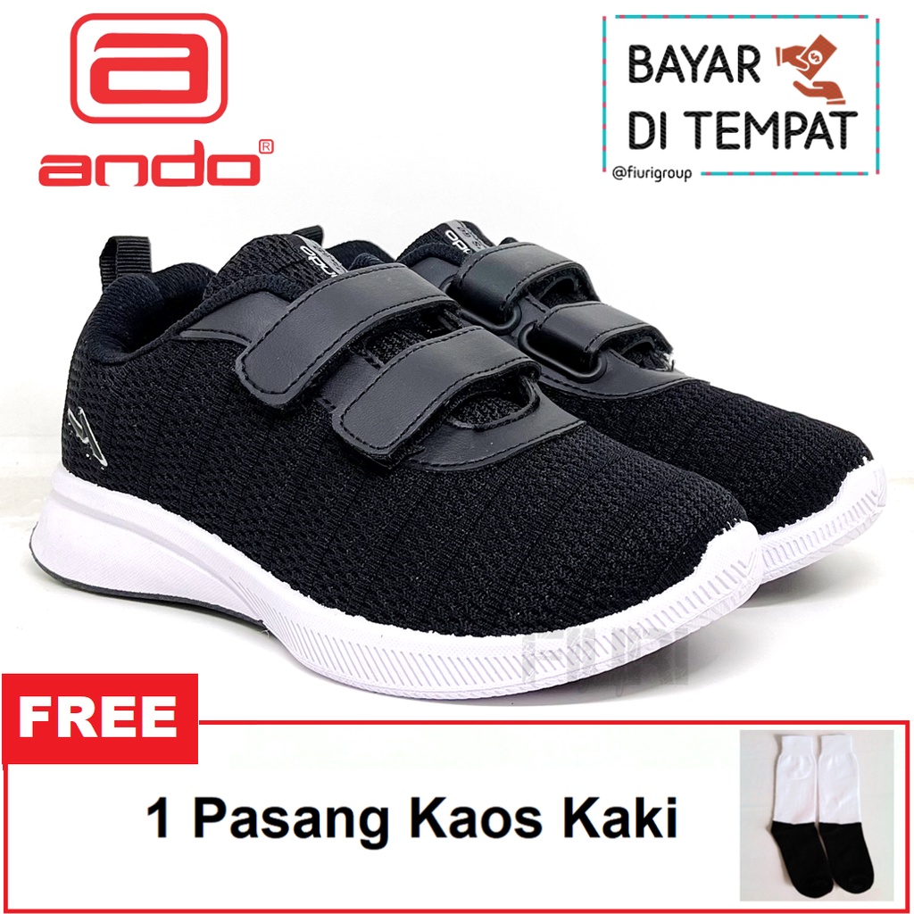 FIURI - ANDO ORIGINAL -  SAGA PEREKAT 29-36 HITAM PUTIH - SEPATU SNEAKERS KANVAS SOL KARET ANAK KECIL PEREMPUAN LAKI-LAKI - SEPATU KETS LUCU FASHION TRENDY - SEPATU SEKOLAH PAUD TK SD KRETEKAN PEREKAT CEWEK COWOK MURAH PROMO DISKON BONUS KAOS KAKI