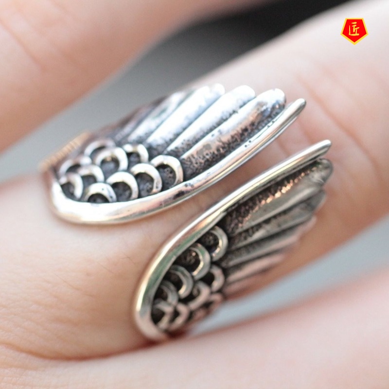 [Ready Stock]Retro Personalized Silver Angel Wings Ring